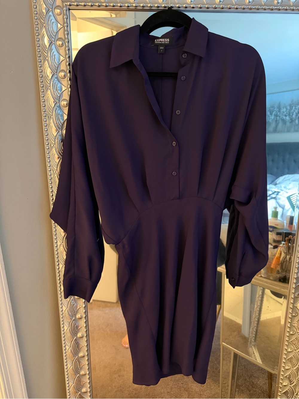 Express Women's Dark Purple Button-Front Portofino Long Sleeve Shirt Dress